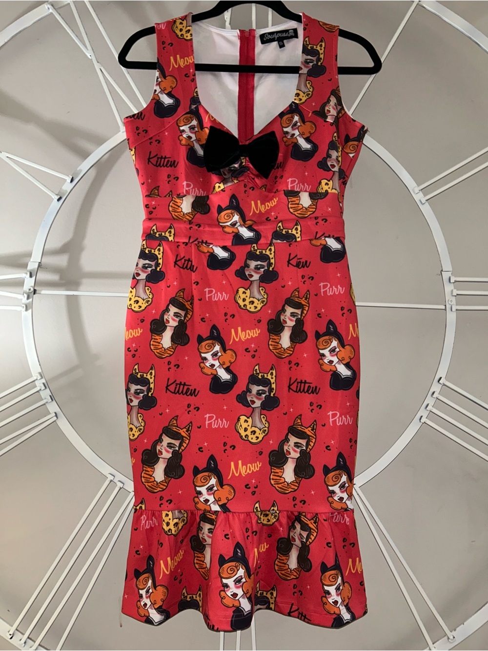 Sourpuss Red Retro Pinup Kitty Print Midi Dress with Black Bow